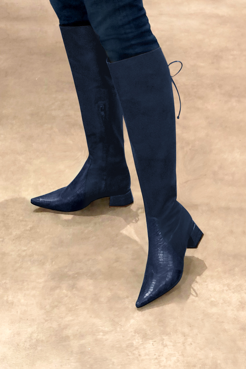 Navy blue women's knee-high boots, with laces at the back. Pointed toe. Low flare heels. Made to measure. Worn view - Florence KOOIJMAN